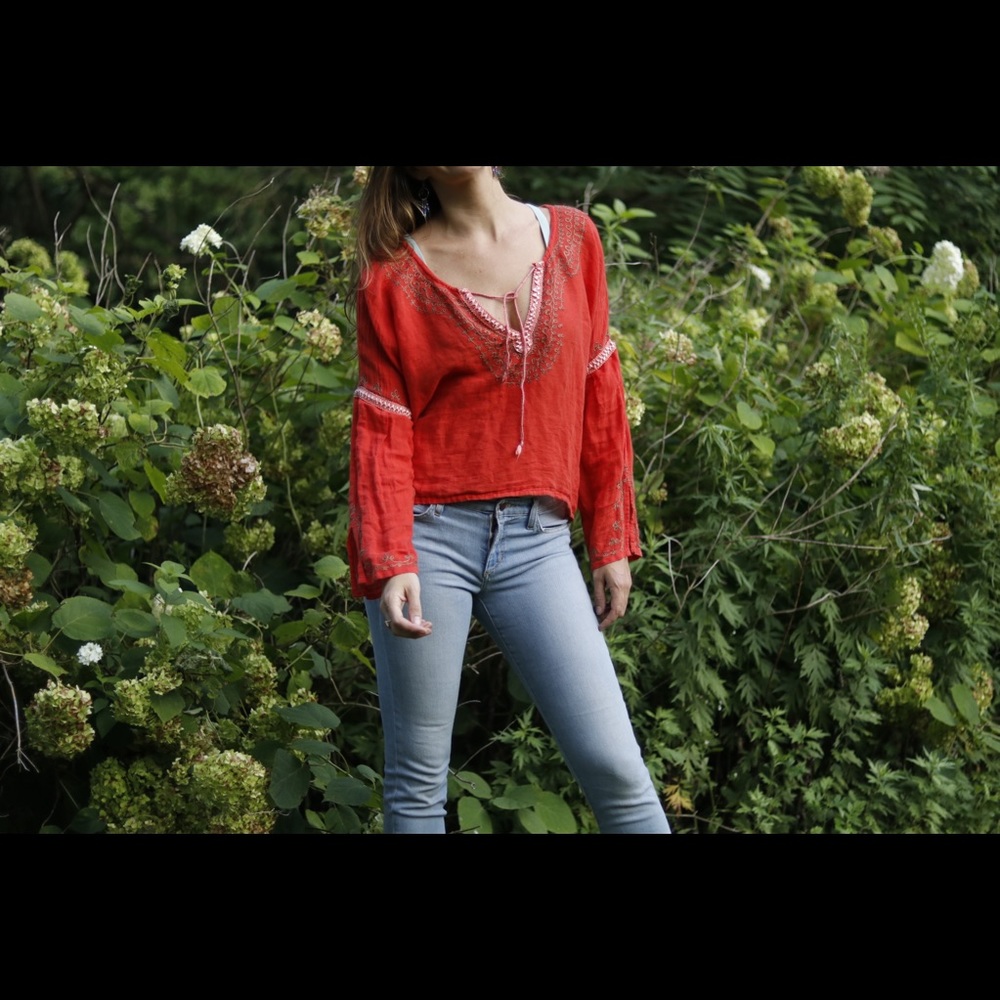 Free People Red Embroidered Peasant Tunic Top
